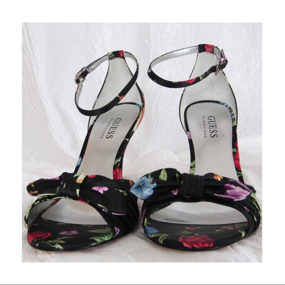 Black Floral Satin Guess Heels Sz 8M EUC